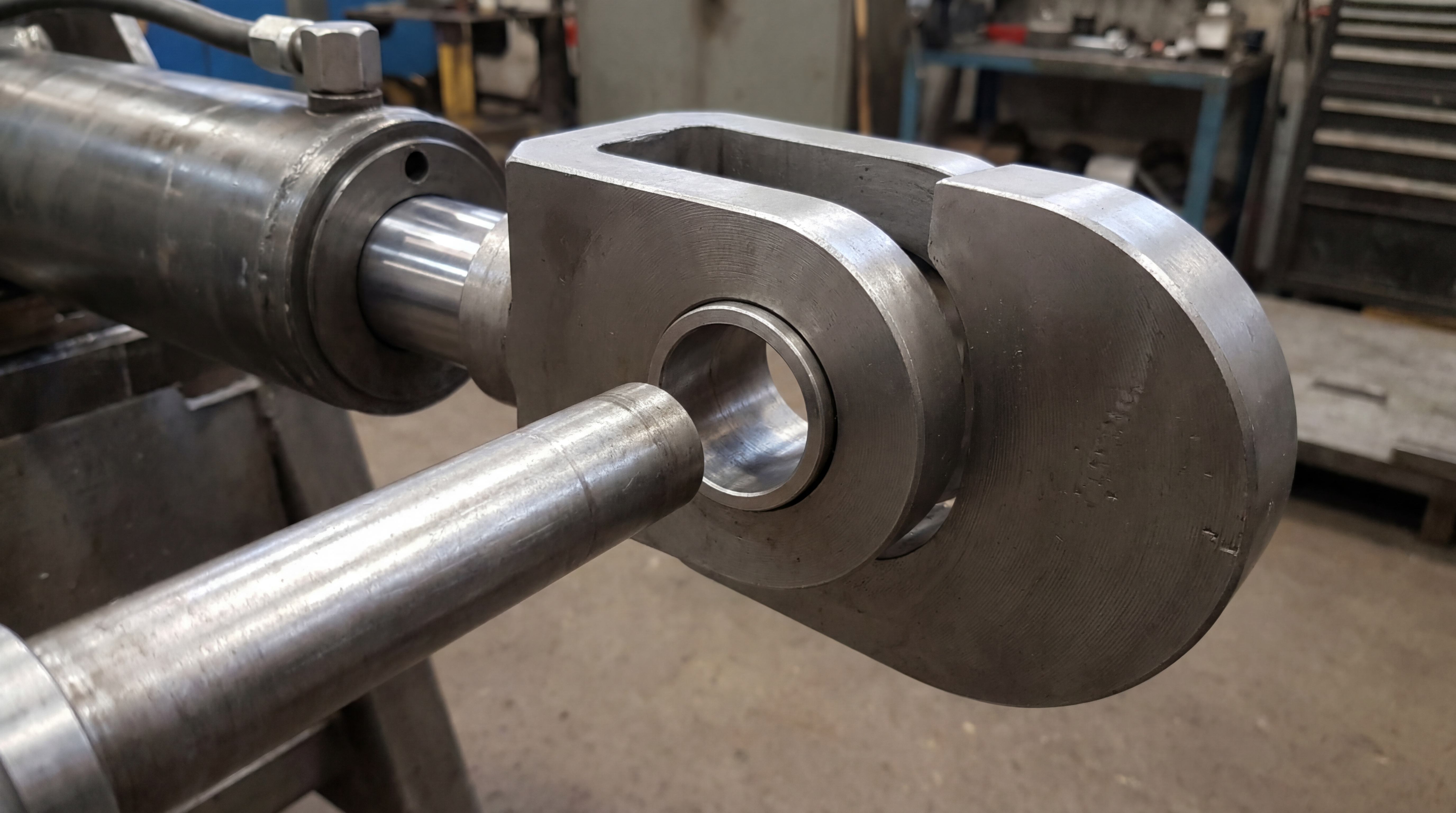 Clevis pin bushing on a hydraulic cylinder heavy-duty joint showing pin support, cylinder eye connection, and industrial pivot assembly